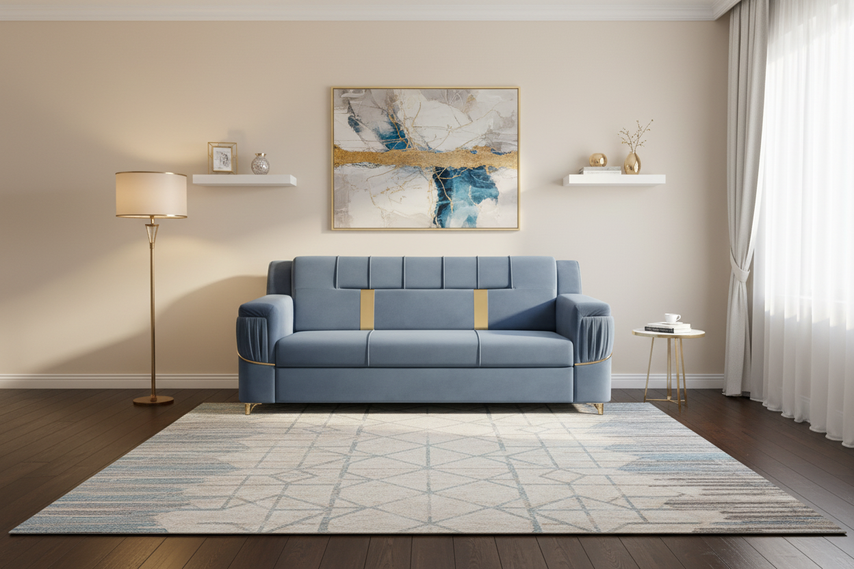 Celestia Luxe Gold Accent 3 Seater Sofa – Premium Fabric | Modern Living Room Sofa