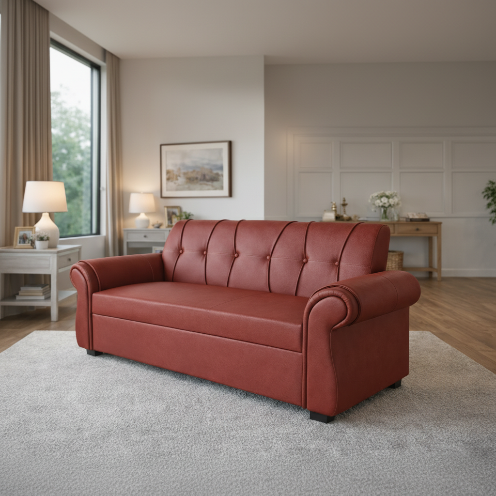 Premium Red Leather 3-Seater Sofa with Spring Cushioning