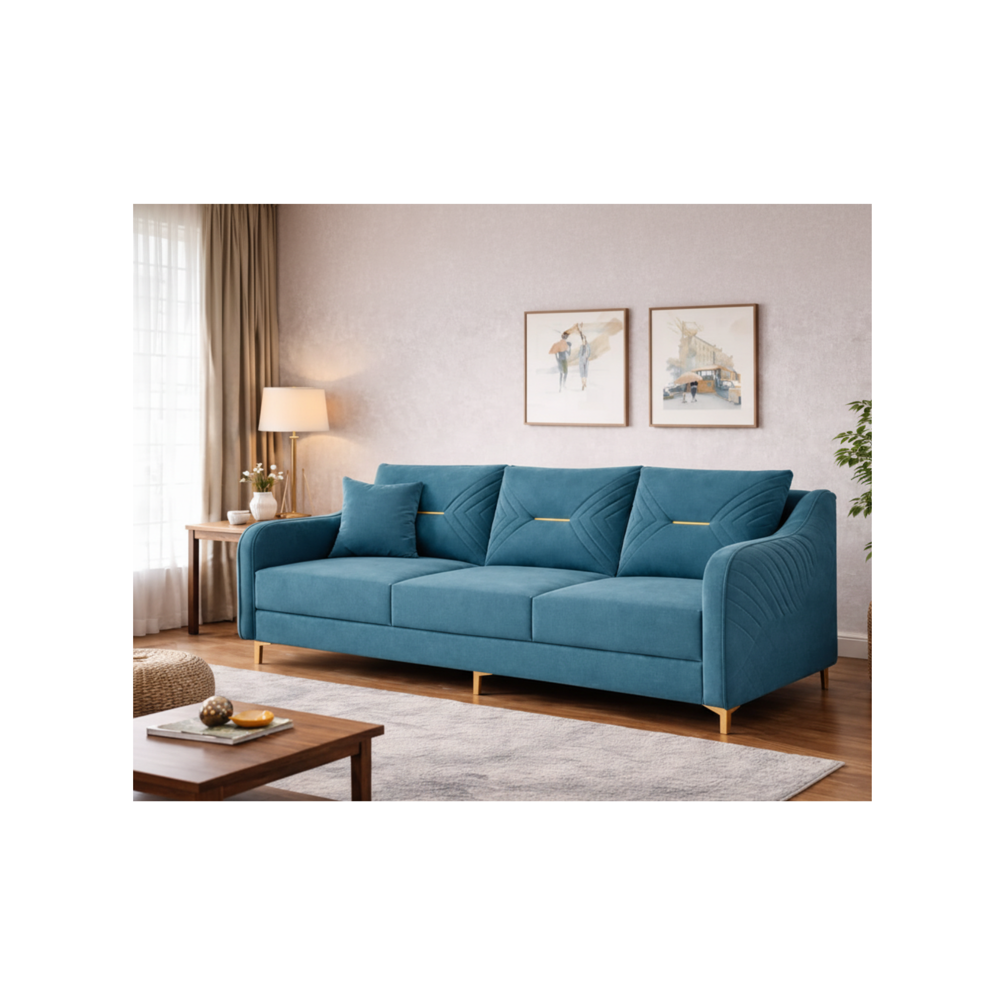 Aurora Luxe 3-Seater Premium Fabric Sofa with Gold Legs – Modern Living Room Sofa