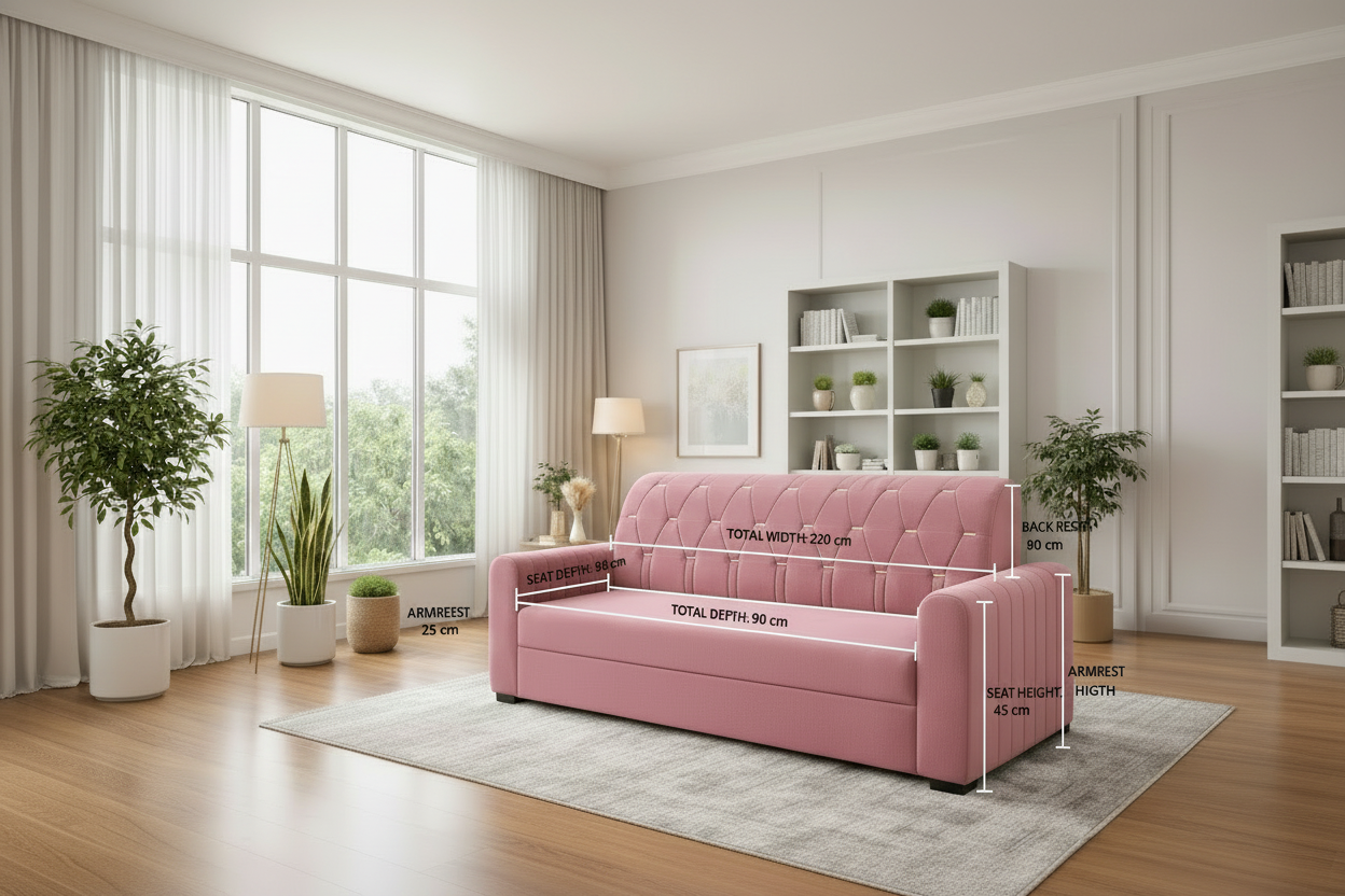 Luxury Blossom Tufted 3-Seater Sofa | Premium Moosa Fabric | Soft Cushion Comfort | Modern Living Room Sofa