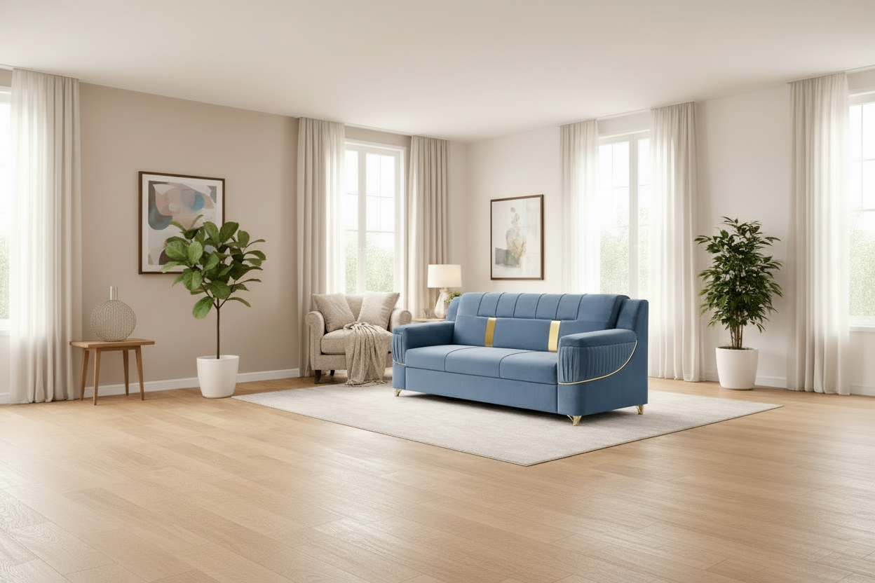 Celestia Luxe Gold Accent 3 Seater Sofa – Premium Fabric | Modern Living Room Sofa