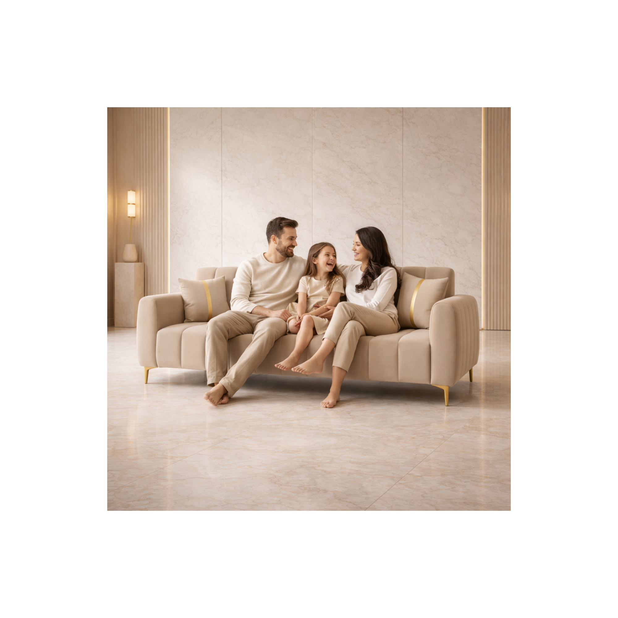 Ivory Royale Luxe 3-Seater Sofa – Premium Velvet Finish with Gold Legs