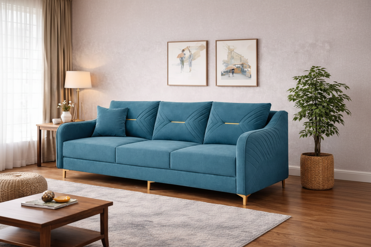 Aurora Luxe 3-Seater Premium Fabric Sofa with Gold Legs – Modern Living Room Sofa