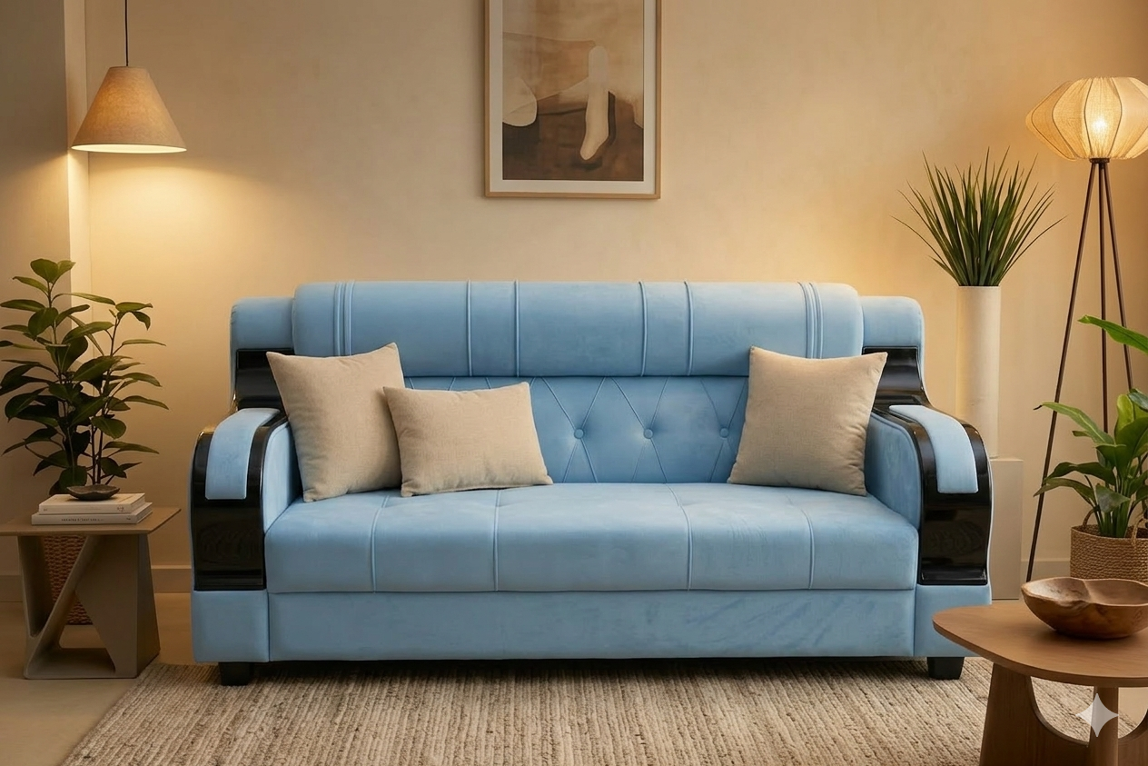 Royal Chrome 3 Seater Sofa| Premium Smooth Fabric |Chrome Arms |Modern Luxury