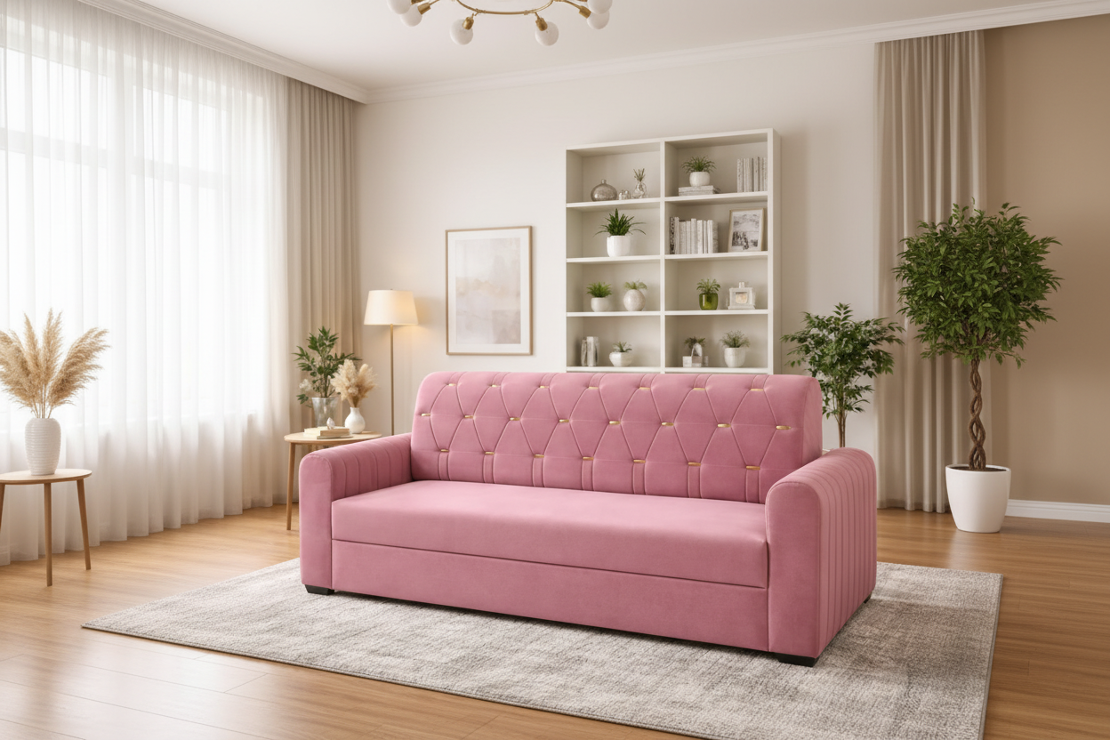 Luxury Blossom Tufted 3-Seater Sofa | Premium Moosa Fabric | Soft Cushion Comfort | Modern Living Room Sofa