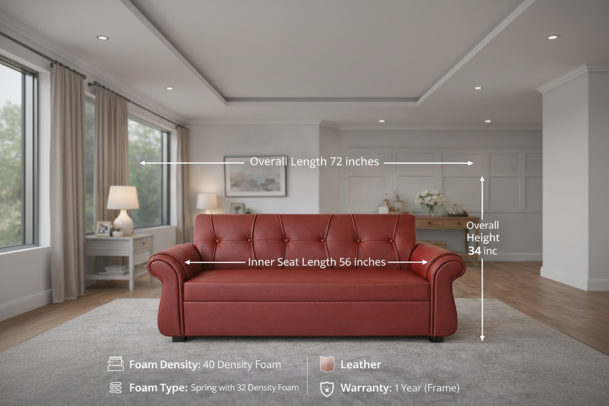 Premium Red Leather 3-Seater Sofa with Spring Cushioning