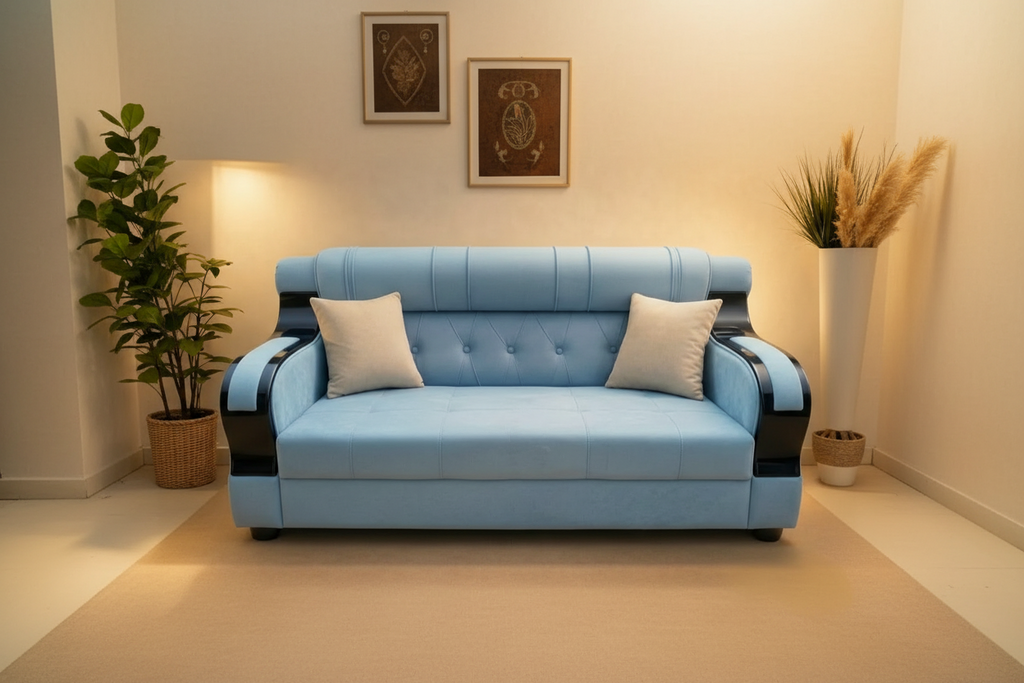 Royal Chrome 3 Seater Sofa| Premium Smooth Fabric |Chrome Arms |Modern Luxury