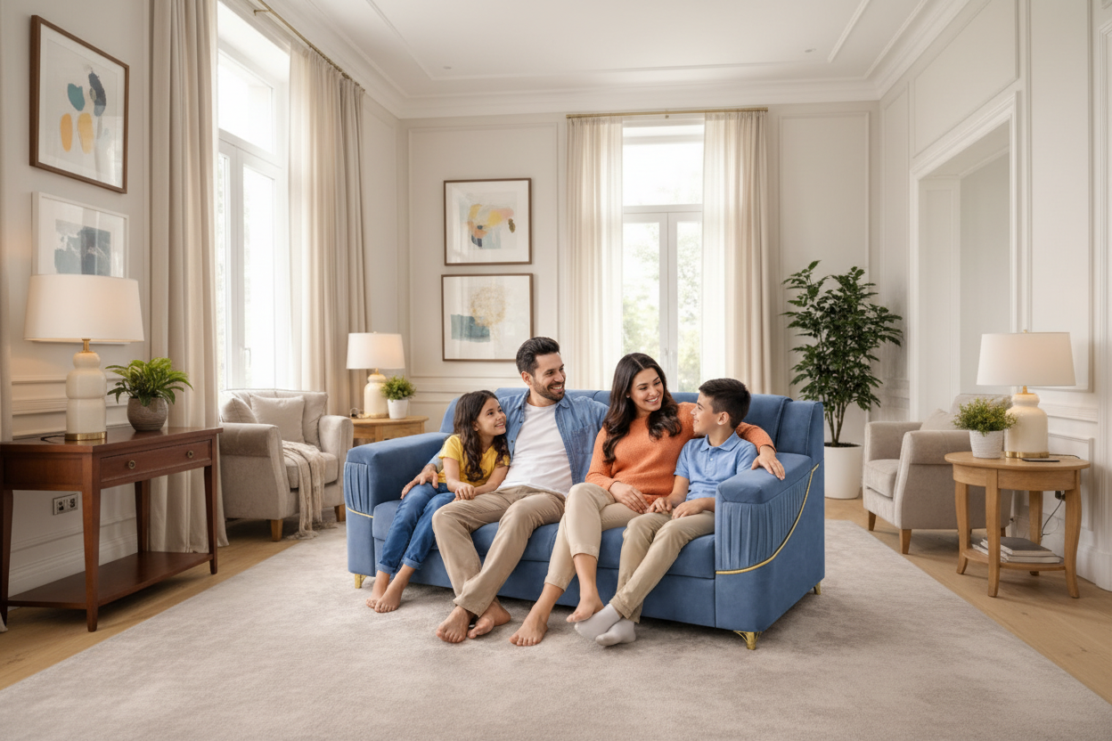 Celestia Luxe Gold Accent 3 Seater Sofa – Premium Fabric | Modern Living Room Sofa