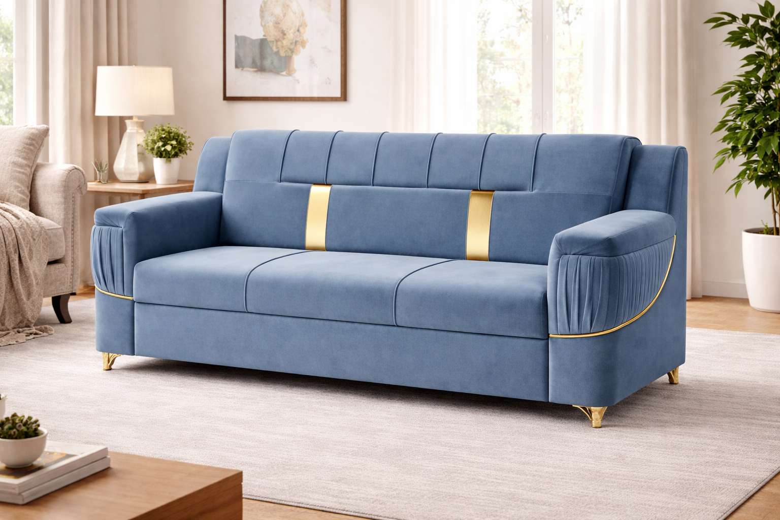 Celestia Luxe Gold Accent 3 Seater Sofa – Premium Fabric | Modern Living Room Sofa