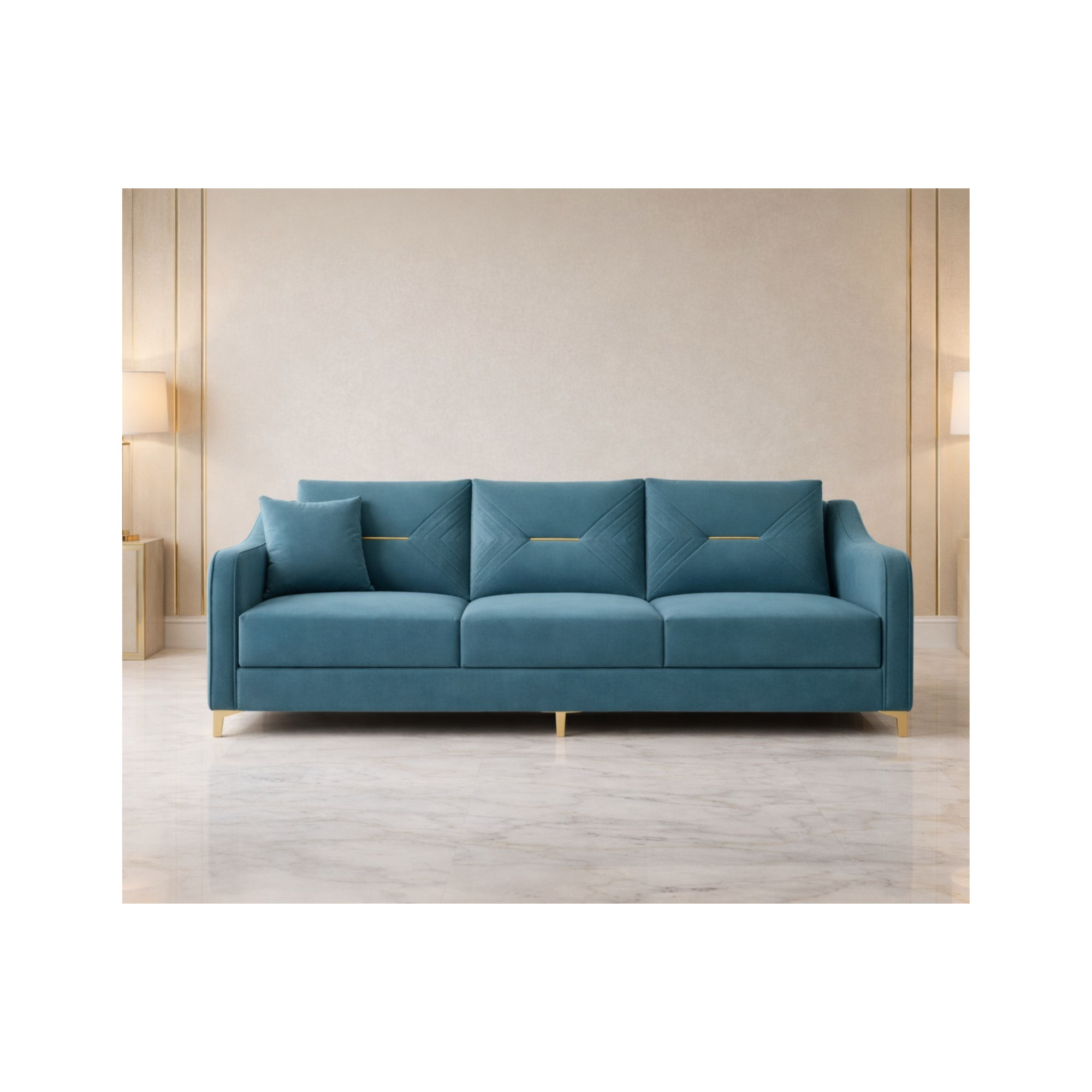 Aurora Luxe 3-Seater Premium Fabric Sofa with Gold Legs – Modern Living Room Sofa