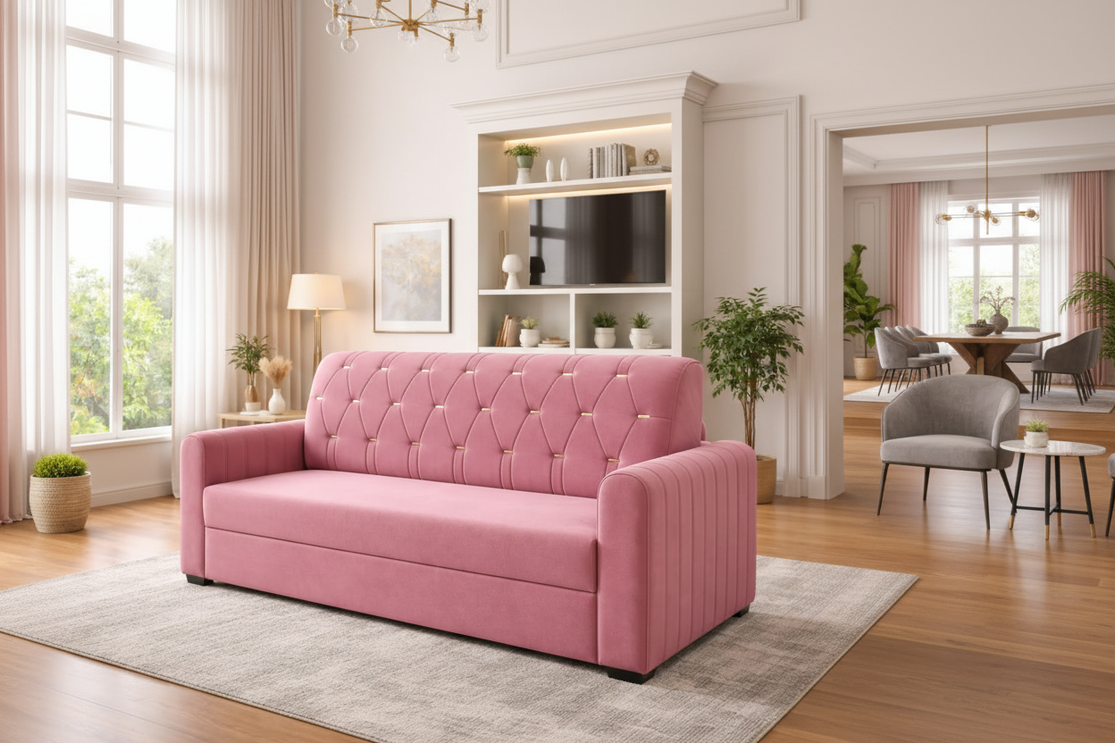 Luxury Blossom Tufted 3-Seater Sofa | Premium Moosa Fabric | Soft Cushion Comfort | Modern Living Room Sofa