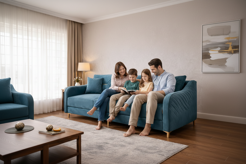 Aurora Luxe 3-Seater Premium Fabric Sofa with Gold Legs – Modern Living Room Sofa