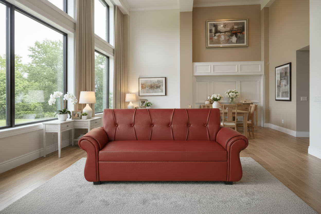Premium Red Leather 3-Seater Sofa with Spring Cushioning