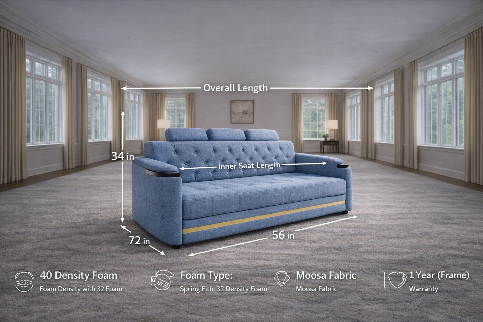 Aurelio Luxe 3-Seater Sofa | Premium Moosa Fabric | 40 Density Foam | Modern Living Room Sofa